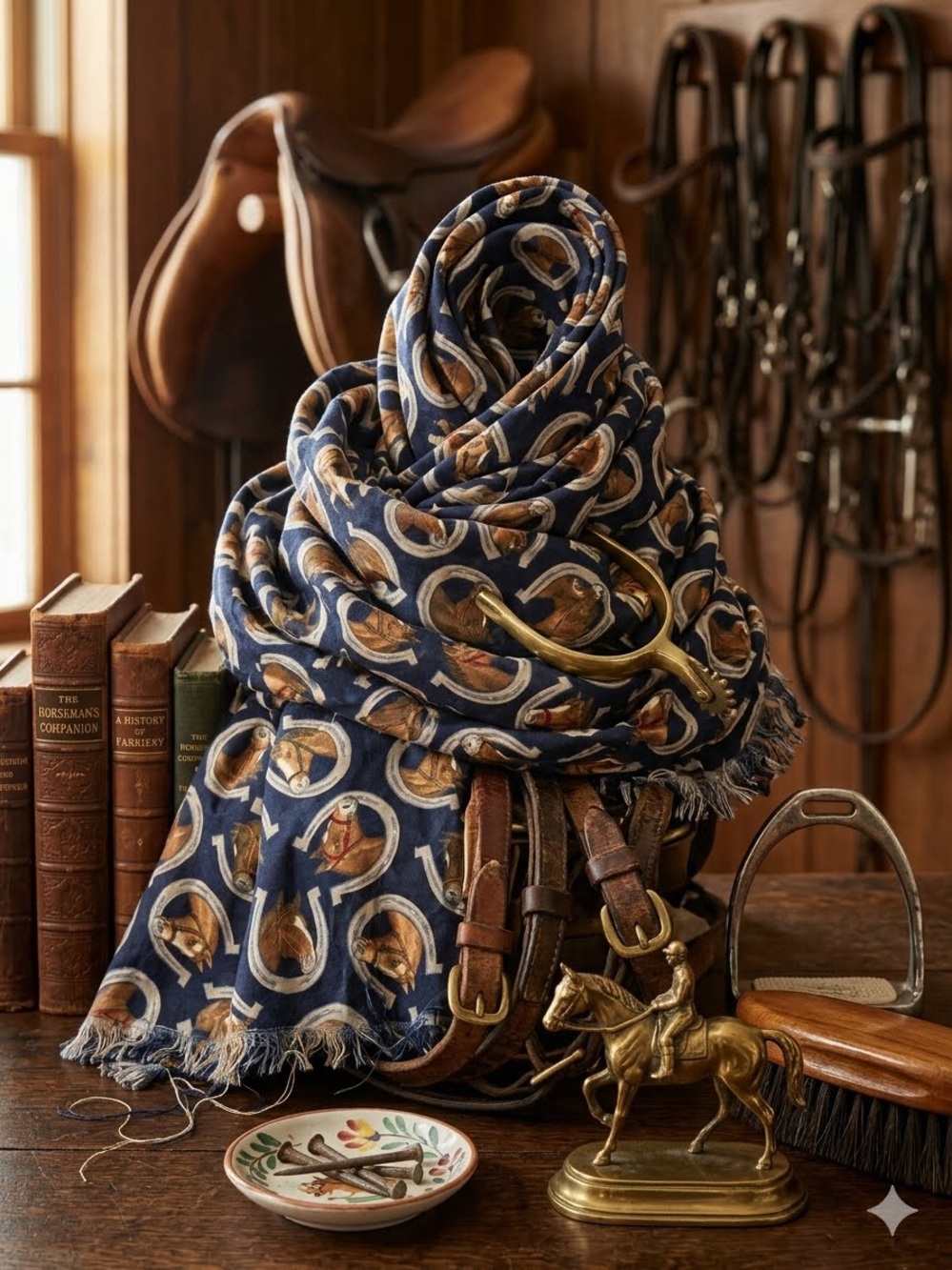 Vtg VIP Cranston Print Works Horse Horseshoe Fabric Navy Blue Cut Remnant 33x35